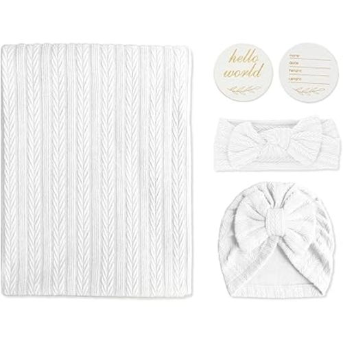 Muslin Blanket,Baby Swaddle Set Newborn - Receiving Headband Blankets and Bow Hat,Newborn Essentials, Soft Nursery Swaddling Blankets,Stretchy Baby Blankets for Girls and Boys Unisex(White)