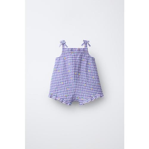 SHORT GINGHAM JUMPSUIT WITH EMBROIDERED FRUIT - Bluish | ZARA United States