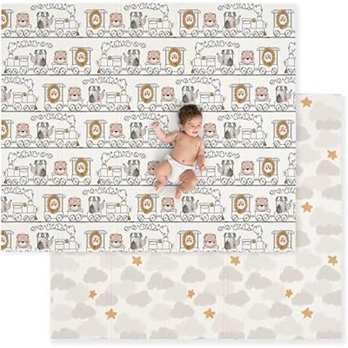 JumpOff Jo Baby Play Mat - Large Folding Foam Play Mat for Infants, Babies, Toddlers, Waterproof, Double-Sided (70" x 59") - Zoo Train