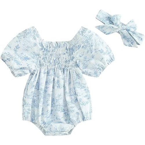 Infant Baby Girls Romper Floral Ruffle Sleeve Pleated Smocked Bubble One Piece Ruched Jumpsuit Summer Bodysuit