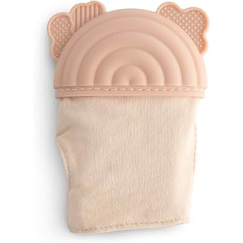 mushie Silicone Teething Mitten for Babies 3 Months+ (Rainbow) | Textured Silicone & Sensory Fabric with Adjustable Strap