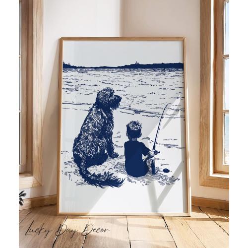 Happy Beach Dog | Fishing With Boy | Vintage Coastal Home Print | Nursery Children's Room Wall Art | Adorable Best Friend | Navy Blue Sketch