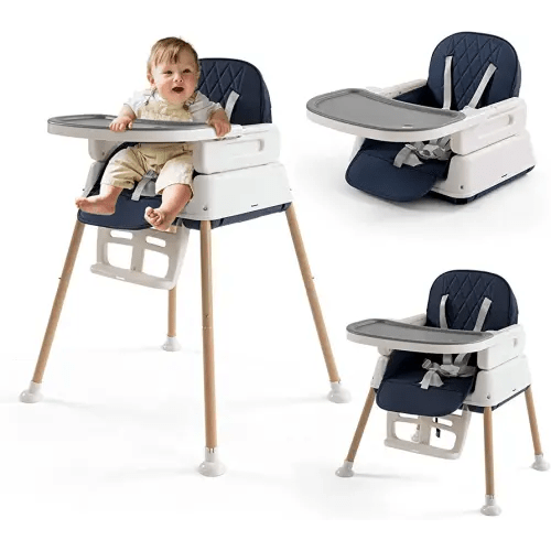 3 in 1 Baby High Chair, Portable High Chairs for Babies and Toddlers, Adjustable Convertible Infant Baby Feeding Chair Booster for Eating with Detachable Double Tray, 5 Point Harness, Footrest Blue