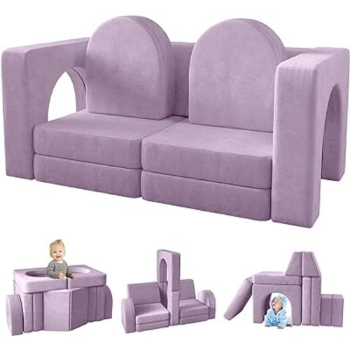 wanan Kids Couch 10PCS, Modular Kids Play Couch for Playroom Bedroom, 10 in 1 Multifunctional Kid Sofa for Playing, Creativing, Sleeping, Indoor Toddler Couches for Boys and Girls (Blueberry)