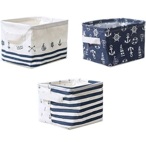 Nautical Fabric Storage Baskets Bins Cloth Collapsible Organizers Box Beach Anchor Nursery Toys Basket Shelves & Desks Pack 3