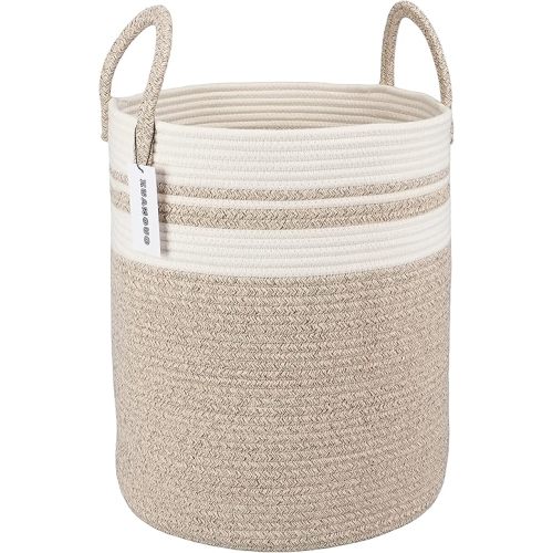Cotton Rope Laundry Basket Hamper for Clothes Woven Storage Basket for Living Room Bedroom Boho Tall Rope Baskets for Blanket Toys Pillow Towels Baby Nursery Hamper Bin Large brown and white
