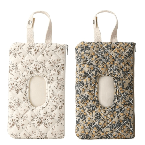 Beige + Green 2 Pack | Quilted Baby Wipe Holder Floral Diaper Pouch Portable Quilted Wipes Bag for Car, Stroller