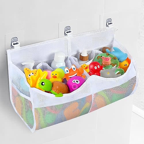 2 Compartment Horizontal Bath Toy Storage, Opening Stand with Side Pocket for Bath Products, Effortlessly Access, Store, and Tidy Toys