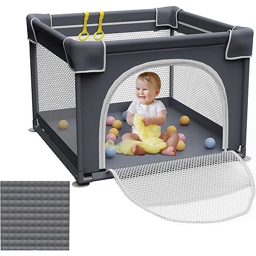 Small Baby Playpen with Mat, 36"x36" Playpen, Playpen for Babies and Toddlers, Baby Playard, Indoor & Outdoor Play Pen, Sturdy Safety Baby Play Yard with Soft Breathable Mesh (Grey)