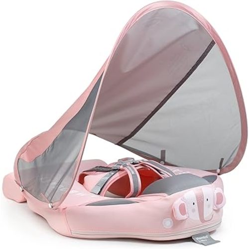Mambobaby Baby Swim Float with Canopy & Tail Infant Pool Float Non-Inflatable Toddler Swim Float with Skin-Friendly Material for 3-24 Months Baby Boys Grils Elephant Pink