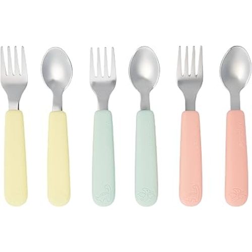 Pandaloo Kids Silverware with Soft Silicone Handle | Toddler Fork & Spoon Set (6pcs) | Toddler Utensils | Food-Grade Silicone + Stainless Steel | Dishwasher Safe | Encourages Independent Eating