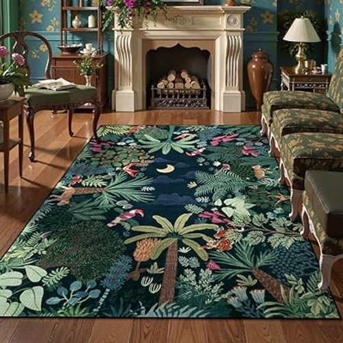 LIVEBOX Washable Jungle Dark Green Rug 5x7 for Living Room, Non-Slip Kids Bedroom Aesthetic Rug for Boy Play Room, Soft Stain Resistant Botanical Rugs for Nursery Dining Decor