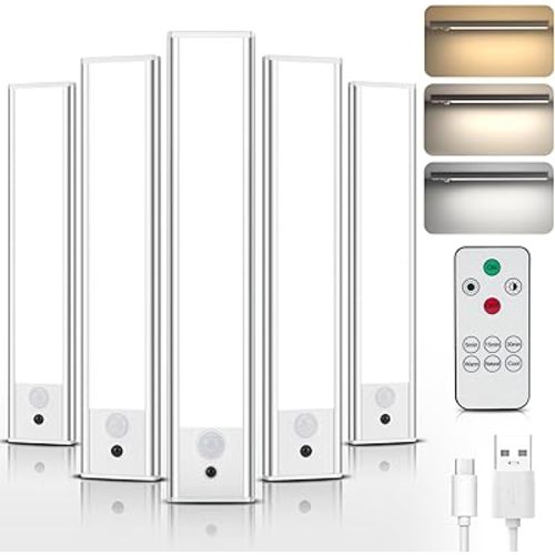 Under Cabinet Lights Motion Sensor 3 Color Temperatures LED Closet Light, USB-C Rechargeable Under Counter Lights Night Light for Kitchen, Wardrobe (Silver - 3 Color Remote, 8.07 Inch - 5 Pack)