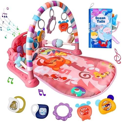 VZO Baby Gyms Play Mats, Infant Play Mat and Activity Gym, Baby Play Piano Gym Mat, Play Mats for Babies Newborns and Toddlers, Tummy Time Activity Mat Toys 0-3-6-12 Months (Pink)
