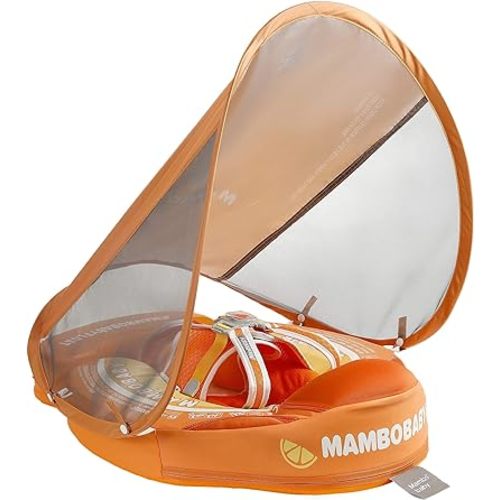 Mambobaby Float Add Tail Baby Swim Float with Canopy Solid Pool Infant Swim Trainer Swimming Training Lying Air Free Water Floats Non-Inflatable Waist Swim Ring for Toddlers (Orange)