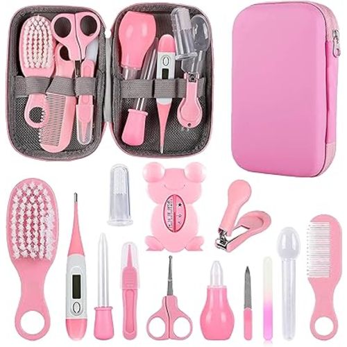 Baby Grooming Kit, Infant Safety Care Set with Hair Brush Comb Nail Clipper Nasal Aspirator,Baby Essentials Kit for Newborn Girls Boys (Pink Baby Grooming kit)