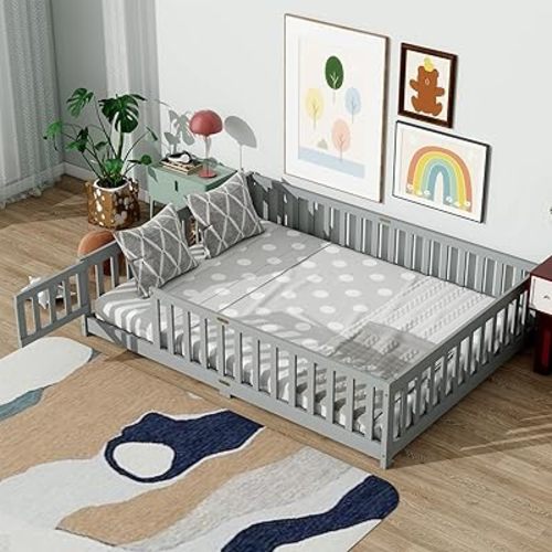 Full Floor Bed with Safety Guardrails for Kids, Rubber Wood Montessori Bed with Slats and Convertible Door,Full Size Bed Frame for Girls and Boys,No Box Spring Needed,Grey