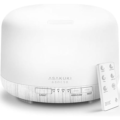 ASAKUKI 500ml Premium Essential Oil Diffuser with Remote Control, 5 in 1 Ultrasonic Aromatherapy Fragrant Oil Humidifier Vaporizer, Timer and Auto-Off Switch (White)