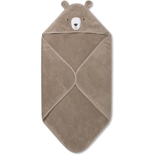 MORI Baby Hooded Bath Towel with Bear Design in Taupe - Unisex Soft Cotton Wrap Cloth for Infants and Newborns - 30 x 30”