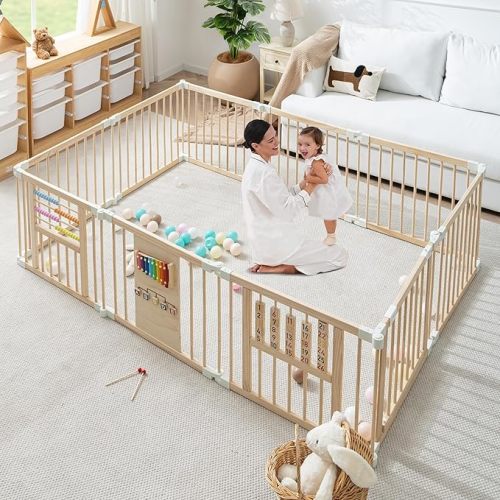 GGF Wooden Playpen Play Yards for Babies and Toddlers, Foldable Wood Baby Play Fence with Locking Gate, Kids Activity Area Center Indoor Outdoor,86 * 57inch