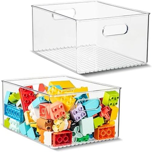 2 Pack Clear Plastic Organizer Bins with Handles for Home Organization. Storage Containers for Organizing Fridge, Freezer, Cabinet. Pantry, Great for Kitchen, Garage, Laundry Room. 10"x8"x5"