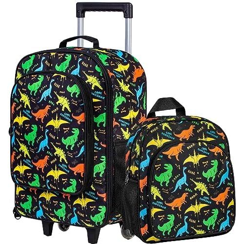2Pcs Dinosaur Suitcase for Boys, 18" Kids Carry on Luggage with Wheels, Cool Travel Rolling Set with 12" Toddler Backpack(Black)