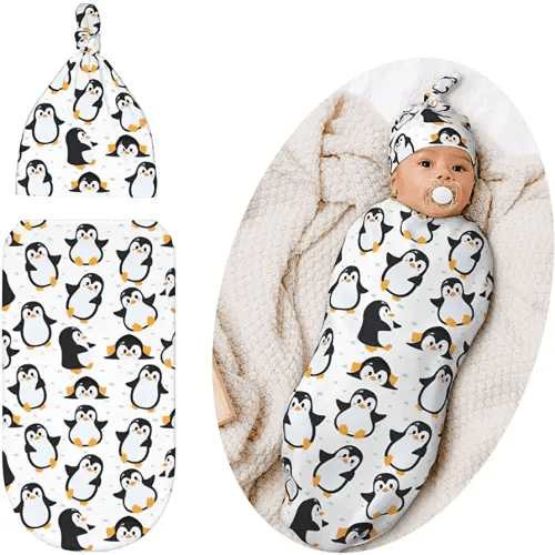 Penguin Baby Stuff Newborn Baby Swaddle Blanket Swaddle Wrap Soft Sleep Sacks Stretchy Receiving Blankets with Hat for Boy Girl Infants Gifts