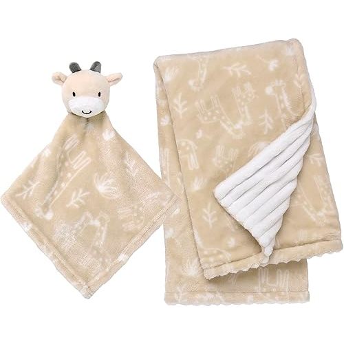 2-Piece Cuddle Plush Toy and Baby Blanket Gift Set, Giraffe with Animal Print and Ribbed Texture, Reversible (Tan Beige, 30 inch x 34 inch)
