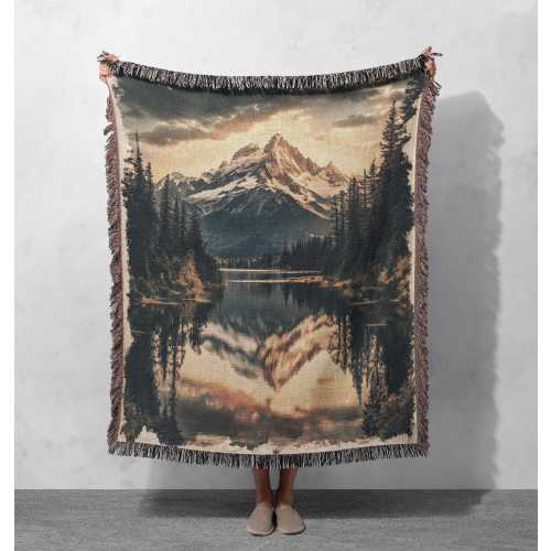 Mountain Lake Reflection Woven Blanket 100% Cotton - Nature Scenic Throw for Home Decor, Cottagecore Tapestry