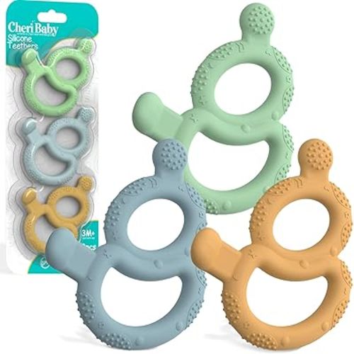 Baby Teething Toys for Babies 3-6 Months Set of 3, Cheri Baby Teether for Teething Relief, 100% Food-Grade Silicone Baby Toys 6-12 Months, BPA Free Soft & Textured 8-Shape Sensory Toys for Sore Gums