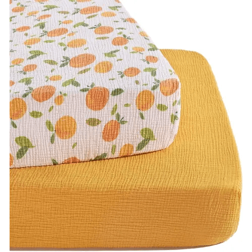 TILLYOU Muslin Crib Sheets for Boys and Girls 2 Pack, Neutral Soft Cotton Baby Crib Mattress Protector, for 52"x 28" Toddler Bed, Orange Flavour & Orange