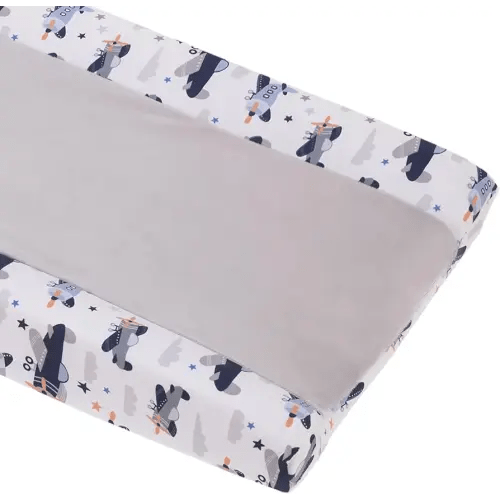 Little Love by NoJo Soar High Lil One Contoured Changing Pad Cover with Airplane Pattern - Soft Plush Center Panel for Baby Comfort - 16" x 32" x 6" - Gray, Navy, Light Blue, and White