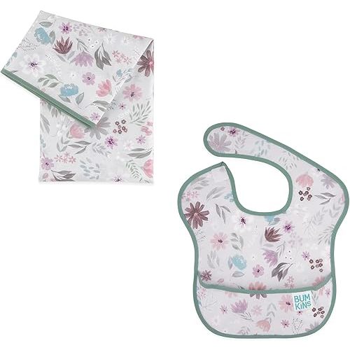 Bumkins Bibs for Girl or Boy, SuperBib Baby and Toddler for 6-24 Months, Essential Must Have for Eating, Feeding Set, Splat Mat for Under High Chair, Mess Saving, Waterproof Fabric, Floral Gray