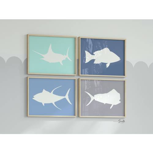 Boys ocean fish nursery decor, boys fishing nursery, nautical nursery theme, blue fish theme nursery, boys saltwater fish marlin dorado tuna