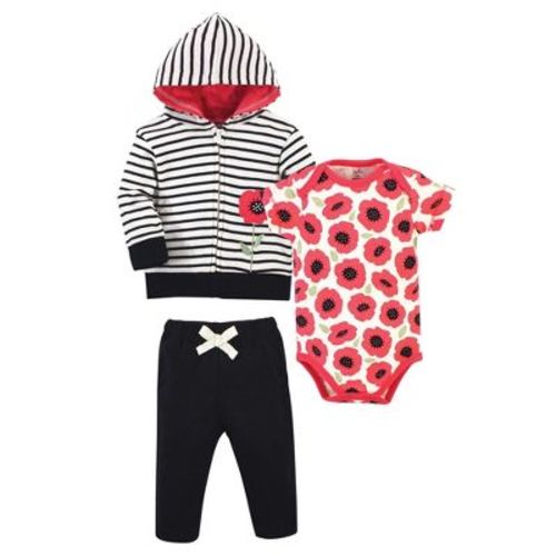 Touched By Nature Baby And Toddler Girl Organic Cotton Hoodie, Bodysuit Or Tee Top, And Pant, Poppy, 9-12 Months