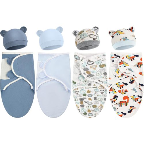 Buryeah 4 Pack Preemie Swaddle Blanket Wrap Set with Hat for Baby Boys Girls 3-7 Lbs Preemie Newborn Clothes Sleepers Cap