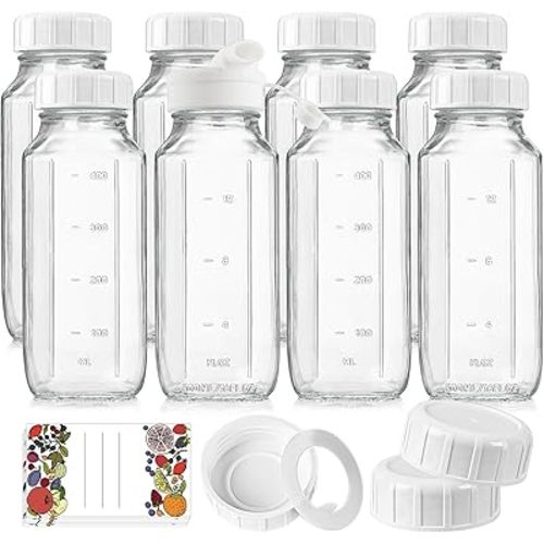 8 Pack 16 Oz Reusable Glass Milk Bottles w 100% Airtight Heavy Duty SCREW Lid w Silicone Gasket - Glass Juice Bottles w Capacity Mark - Glass Beverage Drinking Jar Juice Container(Extra 2 Lid)