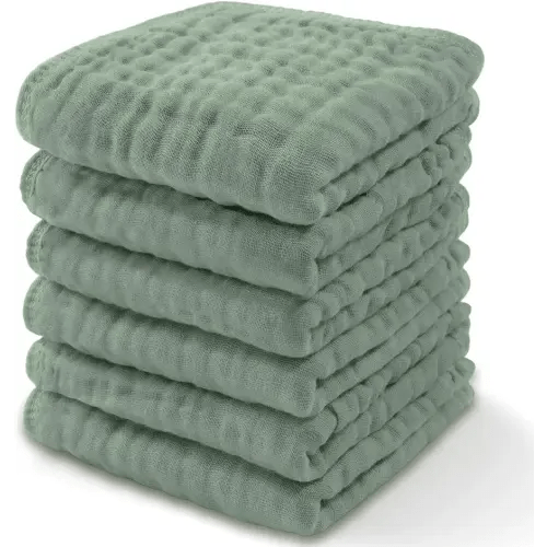 Comfy Cubs Muslin Baby Washcloths 6 Pack - Soft 6-Layer Cotton Wash Cloths for Sensitive Skin - 10"x10" Large, Gentle, Absorbent Infant Essentials for Newborn and Toddlers - Fern