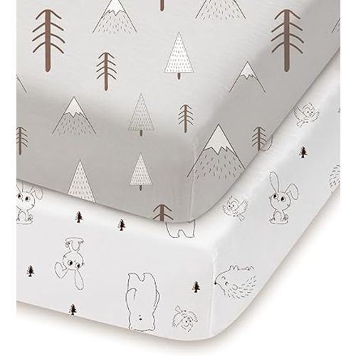 Pack and Play Sheets Fitted, Grey Woodland Animal Design, Ultra Soft, Hypoallergenic, 2 Pack for Baby Boys