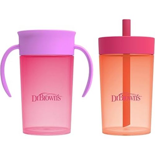 Dr. Brown's Milestones Straw to 360° Cup Set, Convertible Toddler Training Cup Set with Interchangeable Silicone Straw and 360 Degree Cup Lids, Pink Coral, 10 oz/300 mL, BPA Free, 9m+, 2 Pack