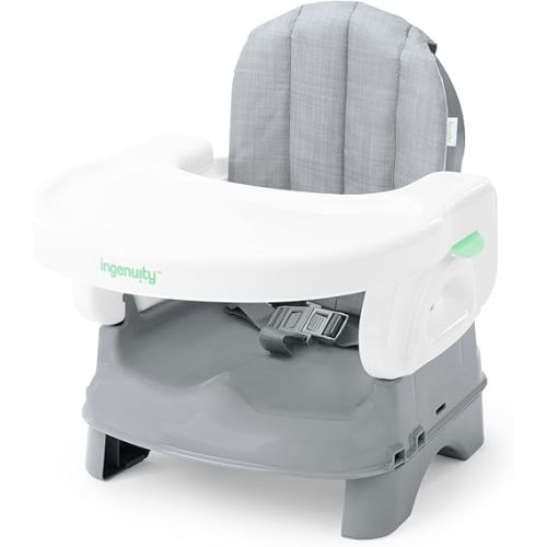 Ingenuity Deluxe Comfort Booster Seat for Kitchen Chair, Compact Fold, Portable, Lightweight, Toddler Booster Seat for Dining Table, from 6 Months to 3 Years – Grey