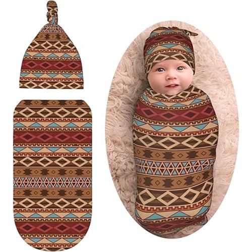 Aztec Western Native American Newborn Swaddle Blankets Baby Stuff Soft Swaddle Sack Swaddling Blanket With Beanie Sets Gifts For Infant Boys Girls