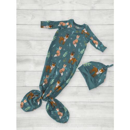 Baby Boy Winter Woodland Knotted Gown Set, Deer & Fox Nature Pajama Nightgown, Wilderness Newborn Outfit, Blue Onesie Sleeper Shower Present