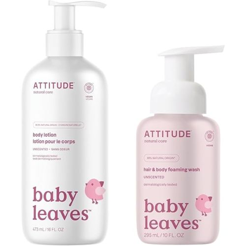 Bundle of ATTITUDE Hair and Body Foaming Wash for Baby, EWG Verified, Dermatologically Tested, Vegan, Unscented, 10 Fl Oz + Body Lotion for Baby, Unscented, 16 Fl Oz