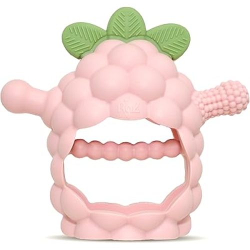 RaZbaby RaZberry Grip Silicone Teether Toy for 3M+ | Drop Resistant Hand Held Teether for Babies and Infants - Designed by Nature with Our Patented BerryBumps Multitextured Design | 3M+, Pink