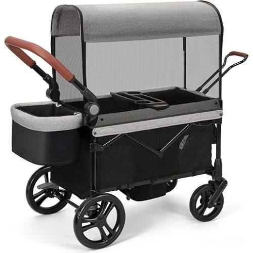 ELEMARA All-Terrain Stroller Wagon for 2 Kids, Foldable Kids Wagon Stroller Includes Removable Canopy,Mosquito net, Adjustable Push&Pull Handle,Snack Tray & Cup Holders, Storage Basket, Grey+Black