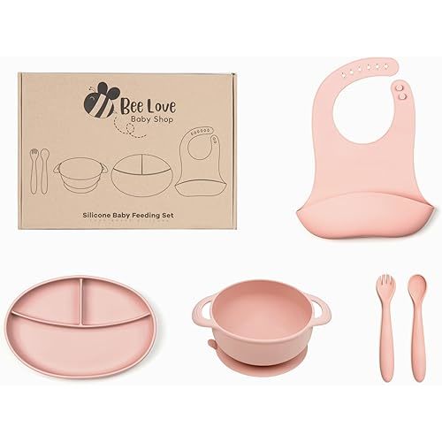 Bee Love Silicone Baby Feeding Set | BPA Free Baby Led Weaning Utensils Set with Suction Plate, Bowl, Adjustable Bib, Baby Spoon and Folk | Toddler Feeding Supplies for 6+ Months (Dark Pink)