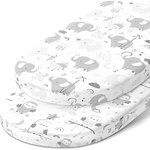 Bassinet Fitted Sheets Compatible with SNOO Happiest Baby Oval Bassinet – Snuggly Soft 100% Jersey Cotton – Owls and Elephants – 2 Pack