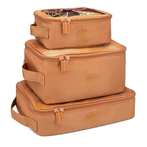Parker Baby Co. Lightweight Packing Cube Set 3-Pack | Collapsible, Durable, Mesh & Clear Top | Travel Organizer for Diaper Bags, Luggage - Camel/Desert Star