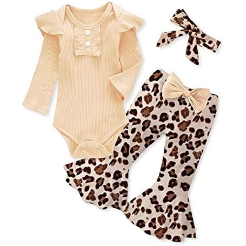 Kislio Newborn Baby Girls Clothes Ribbed Ruffled Romper+Floral Pants+Headband Infant Outfit Set